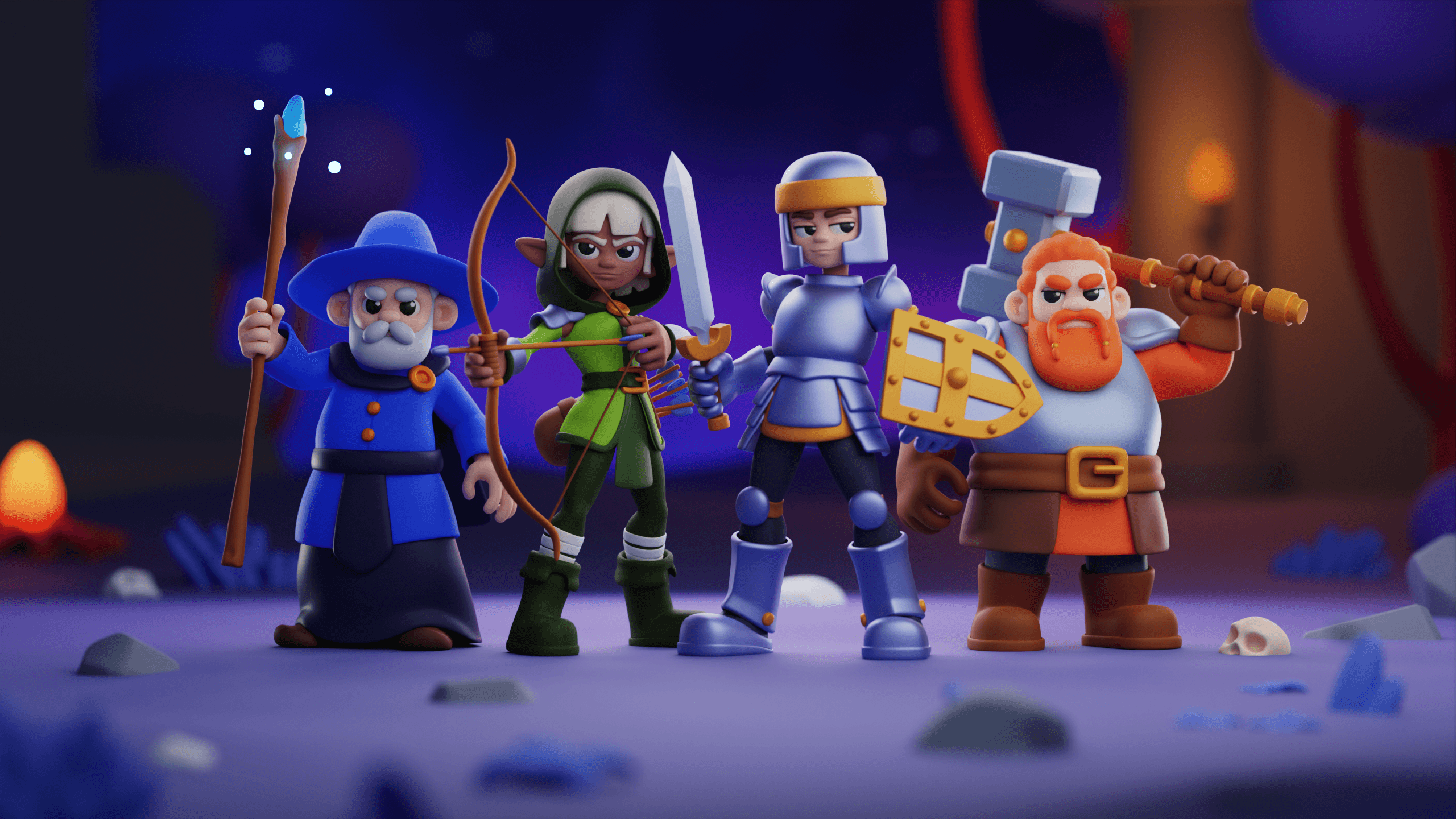 An image of 4 3D Character models by KeelanJon. A Wizard, a Rouge, a Knight and Cleric.