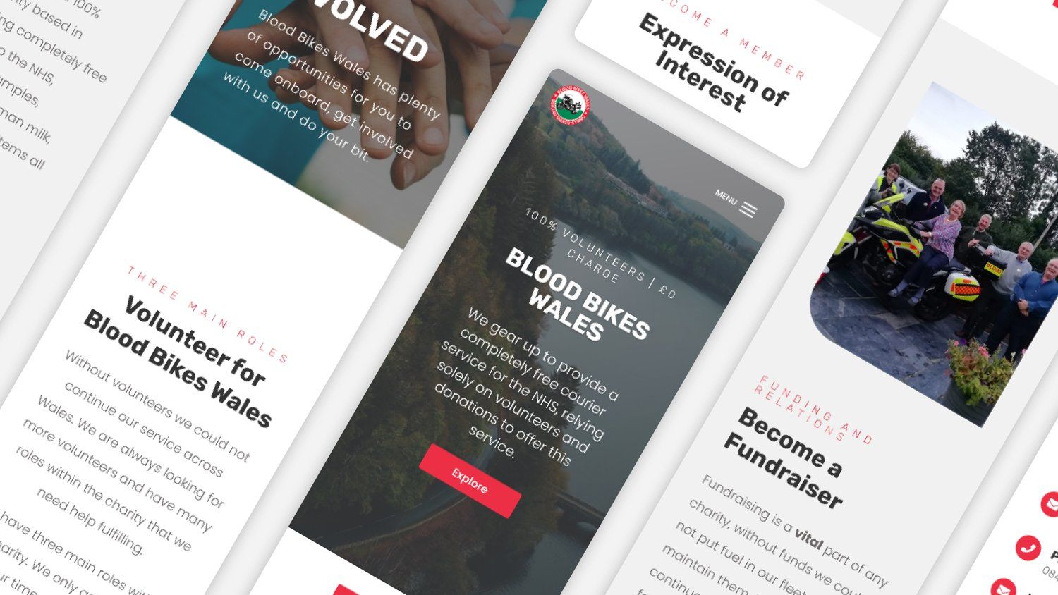 Image displaying various images of the Blood Bikes Wales website design.