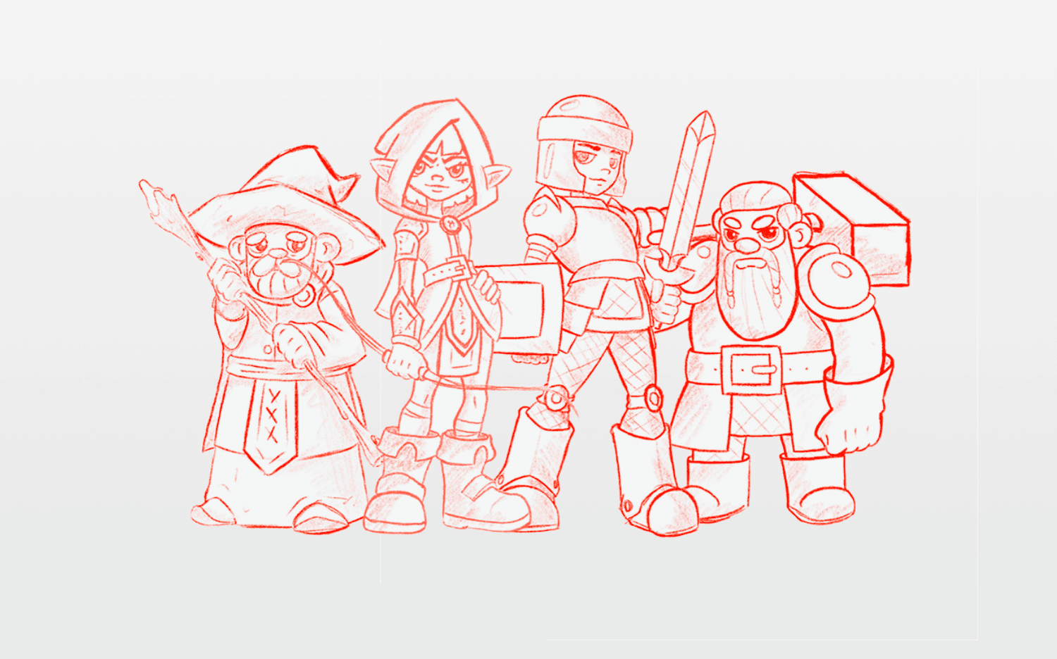 A set of 4 sketched characters. A Wizard, Archer, Sword and Cleric.