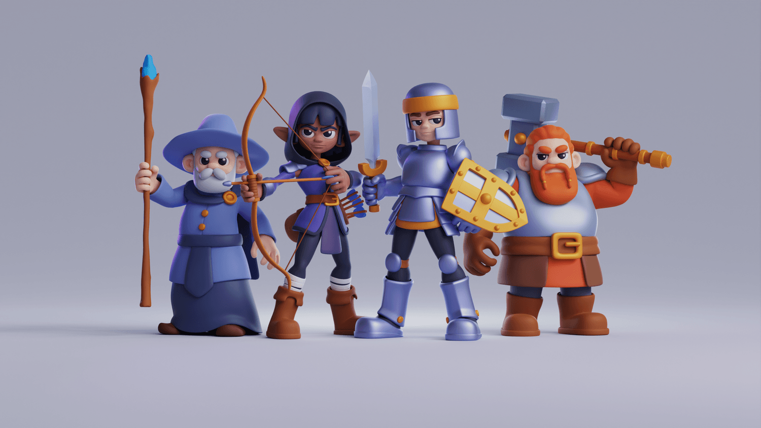 4 3D character models, a Wizard, Archer, Knight and Cleric.