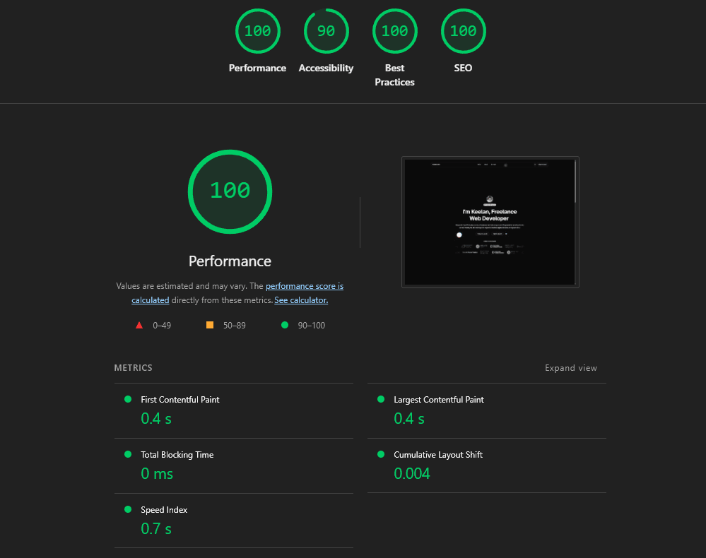 A Google Lighthouse Audit of the KeelanJon Website showing top marks.