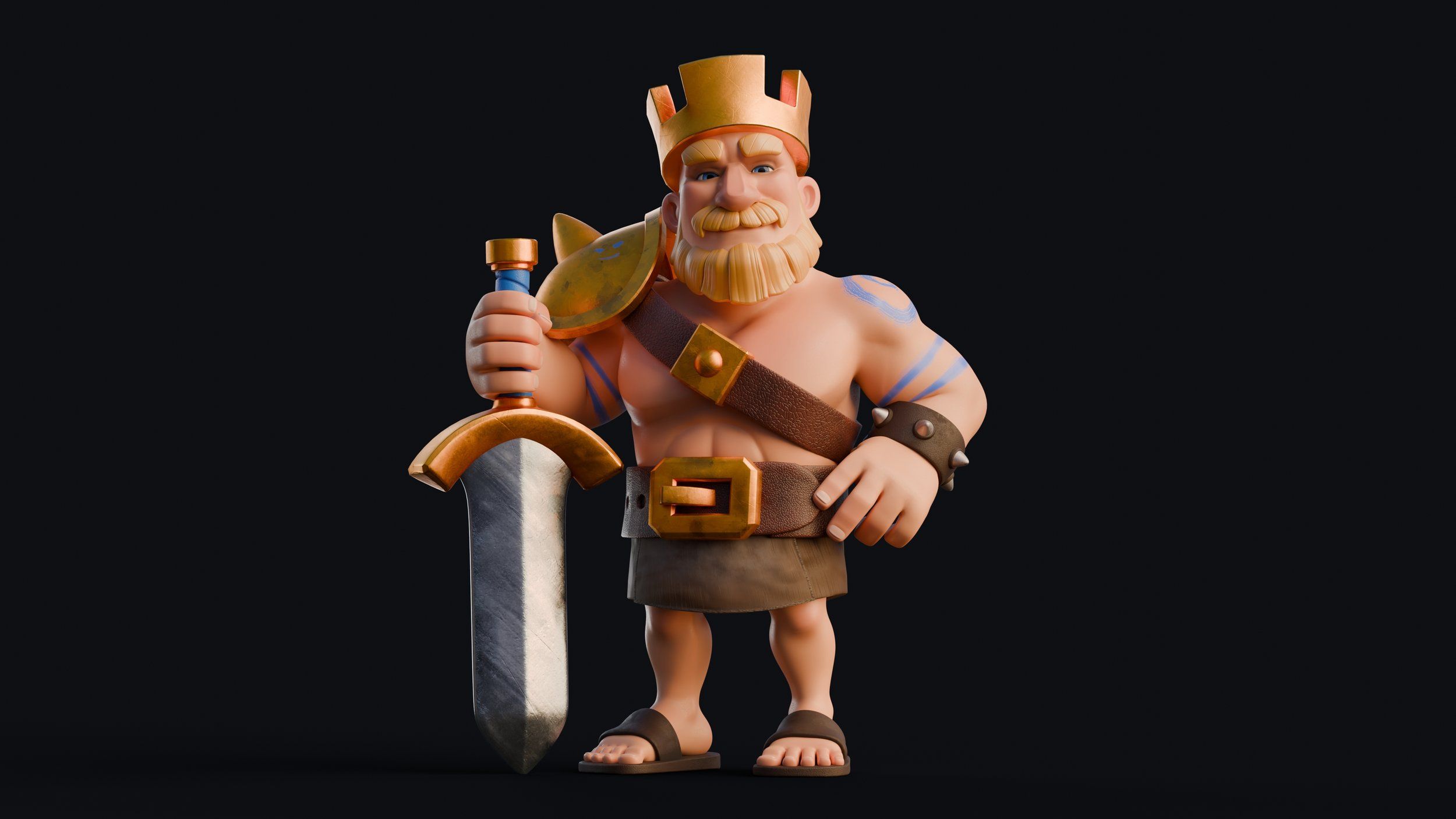 A 3D character model of a Barbarian King, Short and brad, with a blonde beard, golden crown, and a rather large sword.